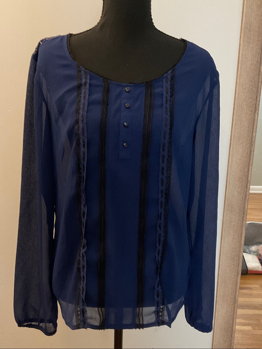 Women's Navy Blue Sheer Long-Sleeve Blouse